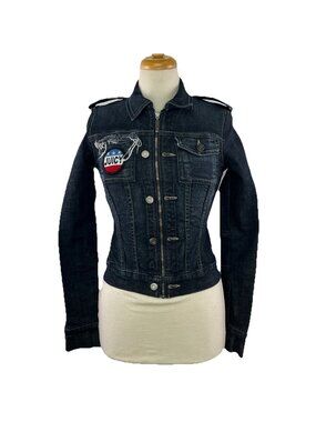 Juicy Couture Sz S *Runs Small* Zip Front Denim Jacket Patch Distressed USA Made